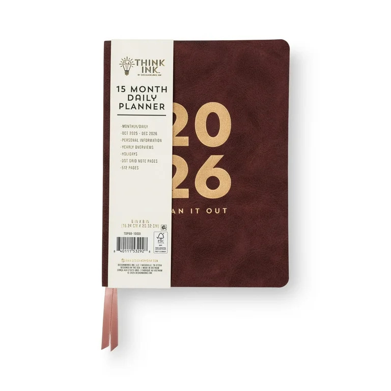 Think Ink 6" x 8" Burgundy 15-Month Daily Flex Planner with Gilded Edges | Walmart (US)