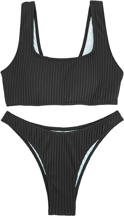 MakeMeChic Women's Solid 2 Piece Bathing Suit Textured Scoop Neck Bikini Swimsuit | Amazon (US)