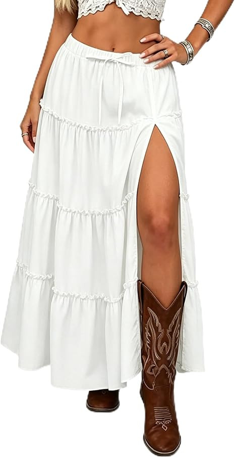 Women's Western Boho Lace Maxi Skirt High Slit Cowgirl Skirts Sexy Beach Skirt Country Concert Ou... | Amazon (US)