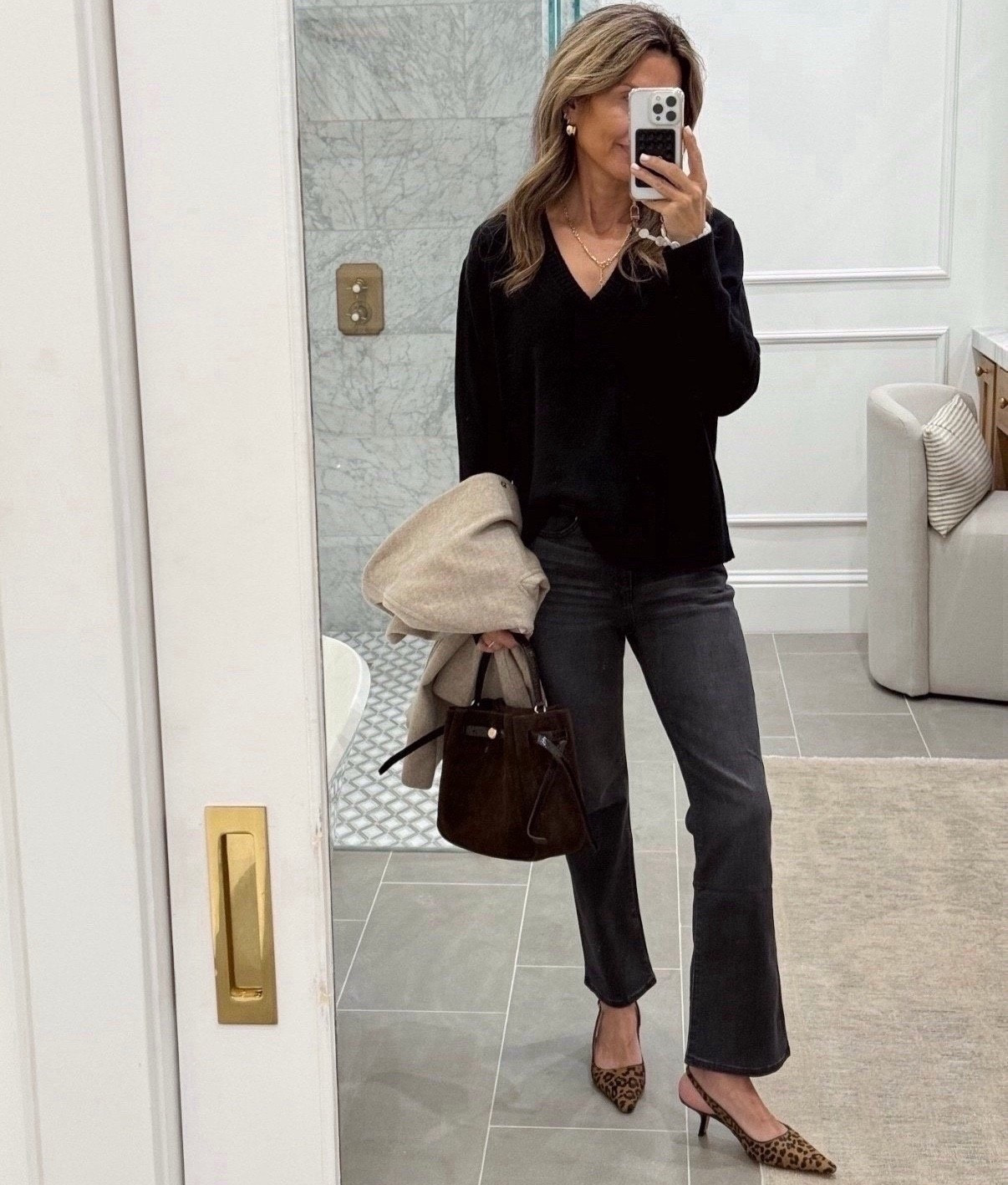 -Quince kick flare jeans. I size up one size, I’m 5’6”
-black v-neck sweater 
-leopard heels TTS. 

#LTKootd #LTKOver40