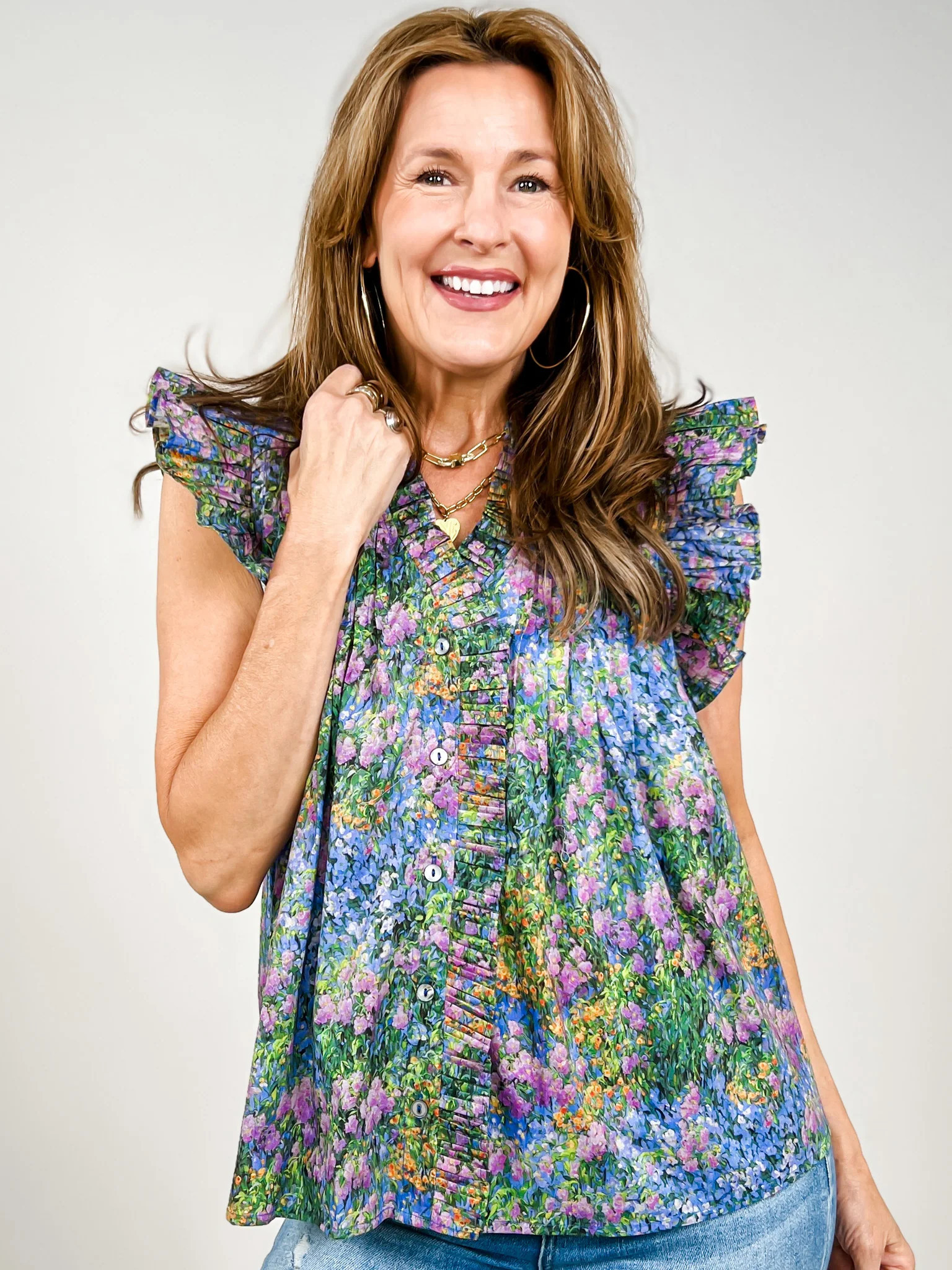 Floral Print Ruffle Sleeve Top with Pleat Front Trim | Emma Lou's Boutique