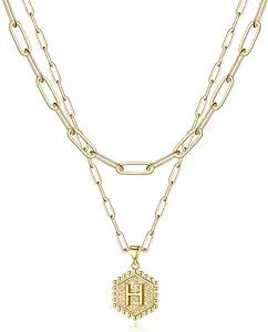 M MOOHAM Dainty Gold Necklace for Women - 14K Solid Gold Over Teen Girl Gifts Cute Hexagon Letter... | Amazon (US)