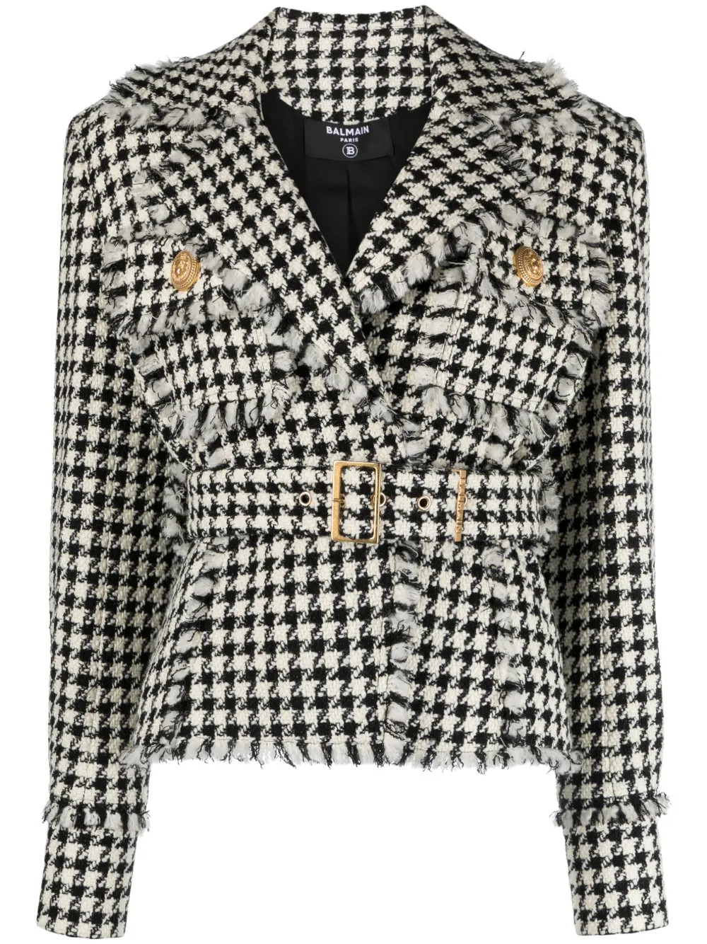 Balmain Houndstooth Tweed Belted Jacket - Farfetch | Farfetch Global