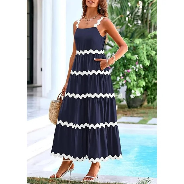 PRETTYGARDEN Women's Summer Maxi Sundress Spaghetti Strap Rickrack Ruffle Flowy Boho Casual Beach... | Walmart (US)