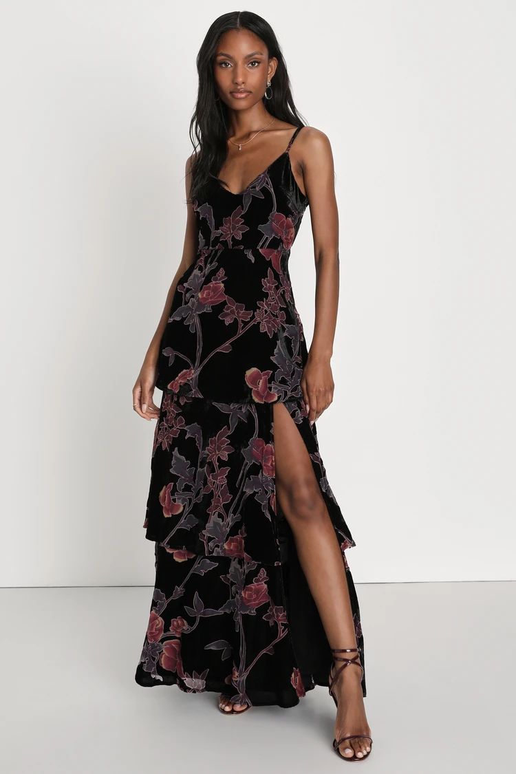 I Love You Amore Black Floral Velvet Tiered Maxi Dress | Lulus (US)