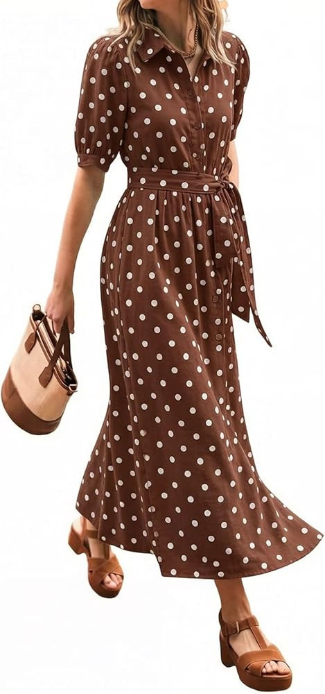 CHARTOU Women\u2019s Polka Dot Midi Dress Puff Short Sleeve Button Down Shirt Dress with Belt for... | Amazon (US)