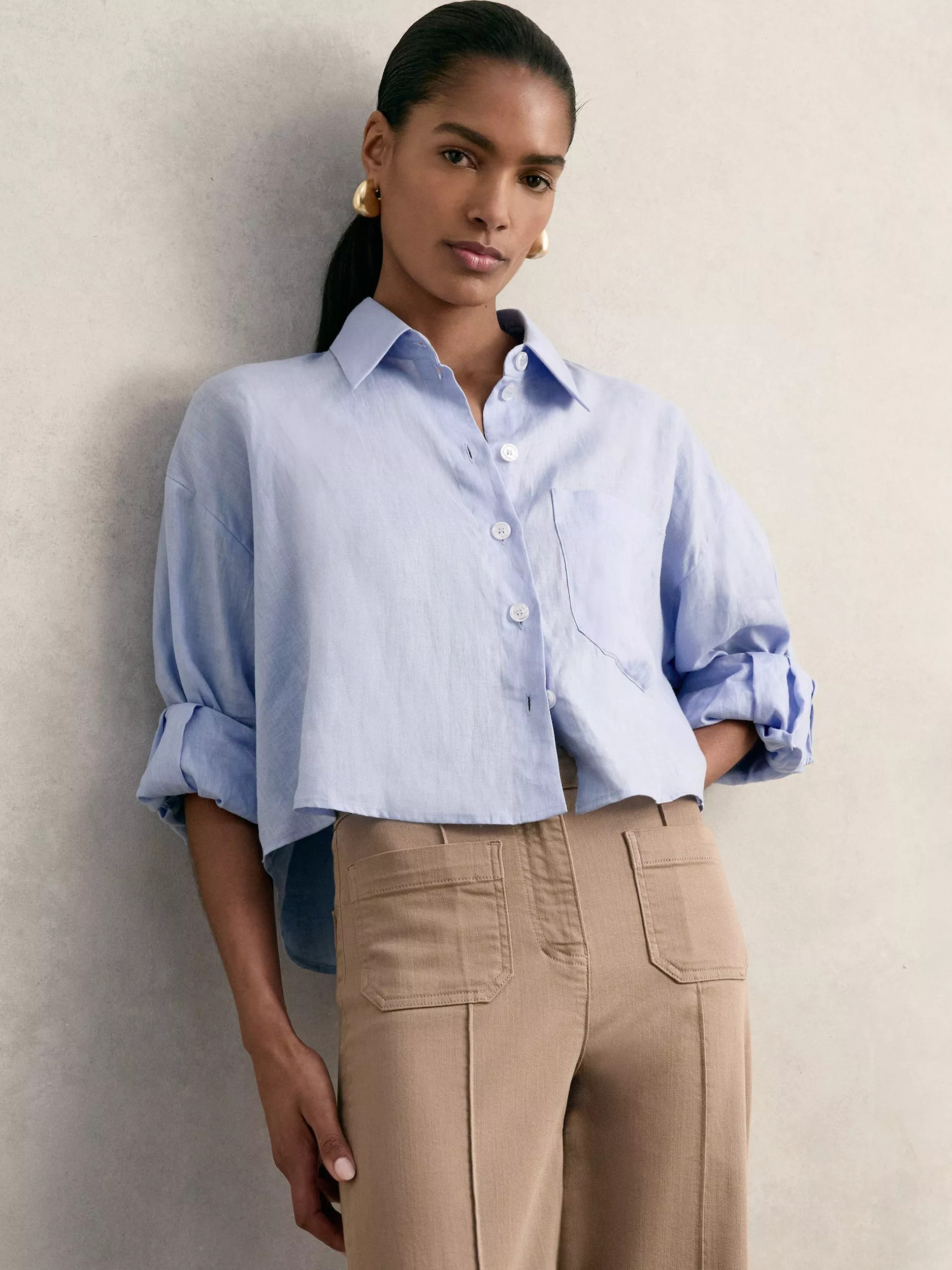 Solena Cropped Pure Linen Shirt, Blue, 8 | John Lewis (UK)