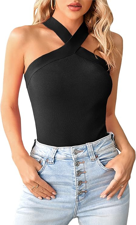 Bodosalia Women Criss Cross Halter Tank Top Solid Ribbed Sleeveless Shirts Summer Casual Basic Ca... | Amazon (US)