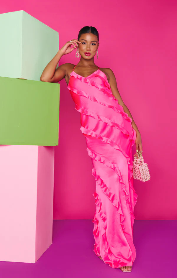 Romance Ruffle Dress ~ Vivid Pink Luxe Satin | Show Me Your Mumu