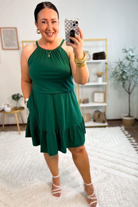 New halter style dress from Amazon!  Realizing this one is supposed to come with tie waist belt but mine didn’t seem to!  You could easily add your own! Linked one of my favorite packs of stretchy belts! 

XL in mine. 
XL shapewear shorts. 
38DD strapless bra  

#LTKMidsize #LTKFindsUnder50 #LTKSeasonal