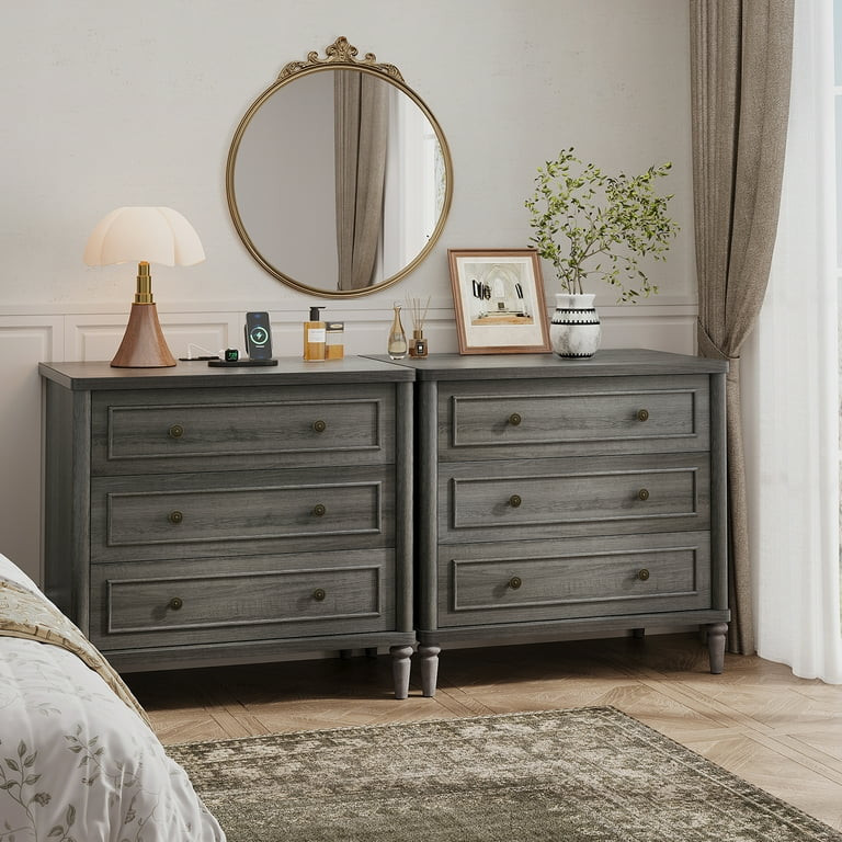 Bestier Farmhouse Nightstand Set of 2 with 3 Drawers, Wood Bedside Table Night Stand with Chargin... | Walmart (US)