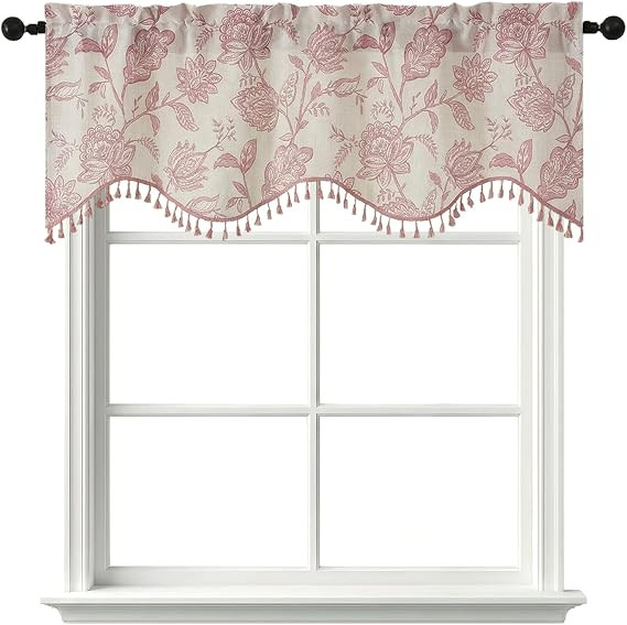 Scalloped Valance for Windows - Faux Linen Floral Printed Valance with Tassels, Light Filtering F... | Amazon (US)