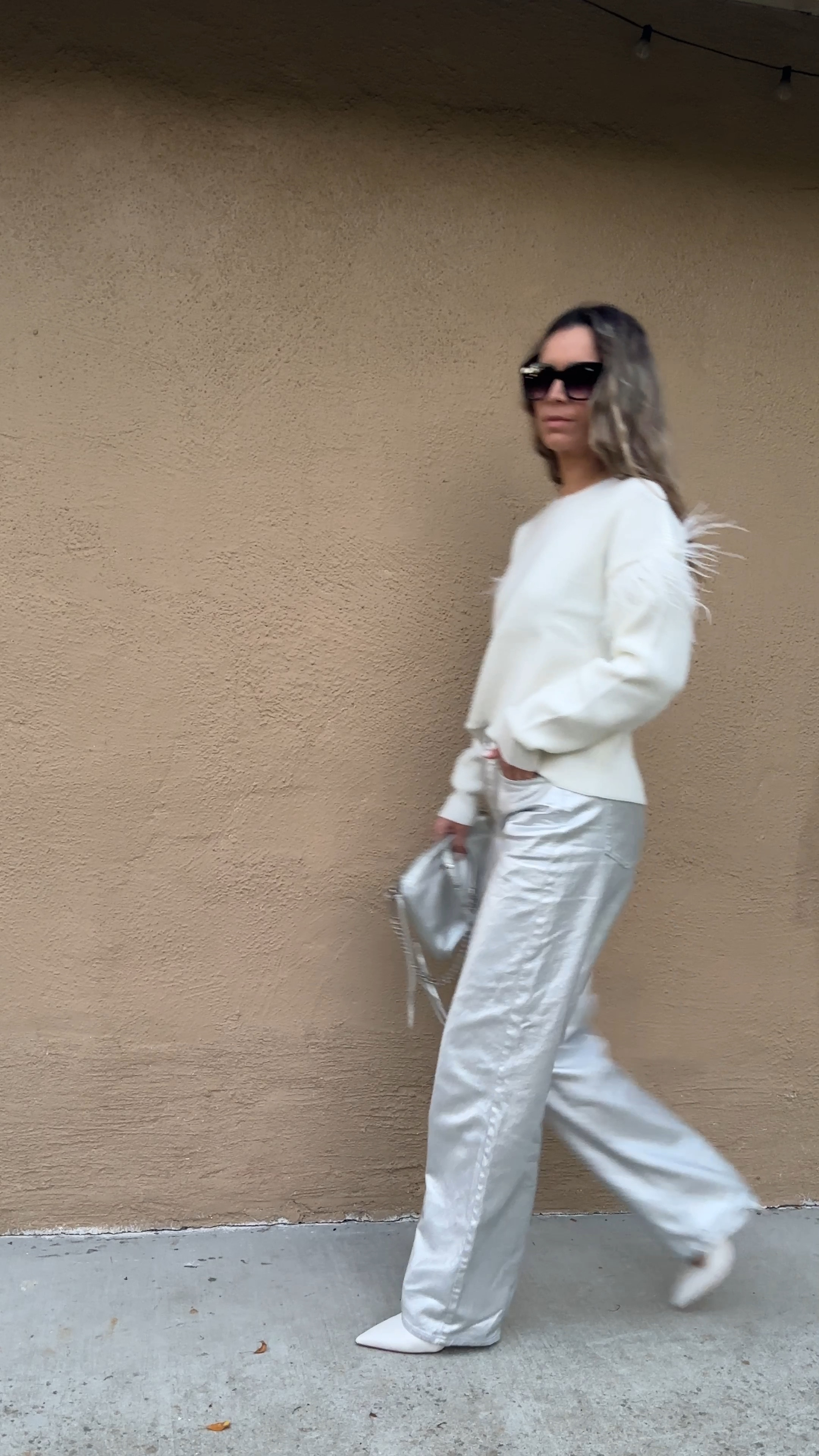 Silver metallic jeans pants are super comfy. Wearing sz 2.
I’m 5’5” 122 lbs 
They run slightly big.
White crew neck sweater with feathers is sz M. I sized up
White pumps are true to size

This would be a great Christmas outfit idea.


#LTKGiftGuide #LTKVideo #LTKHoliday