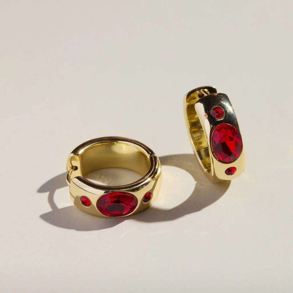 Red Wide CZ Bezel Hoops | Nickel and Suede