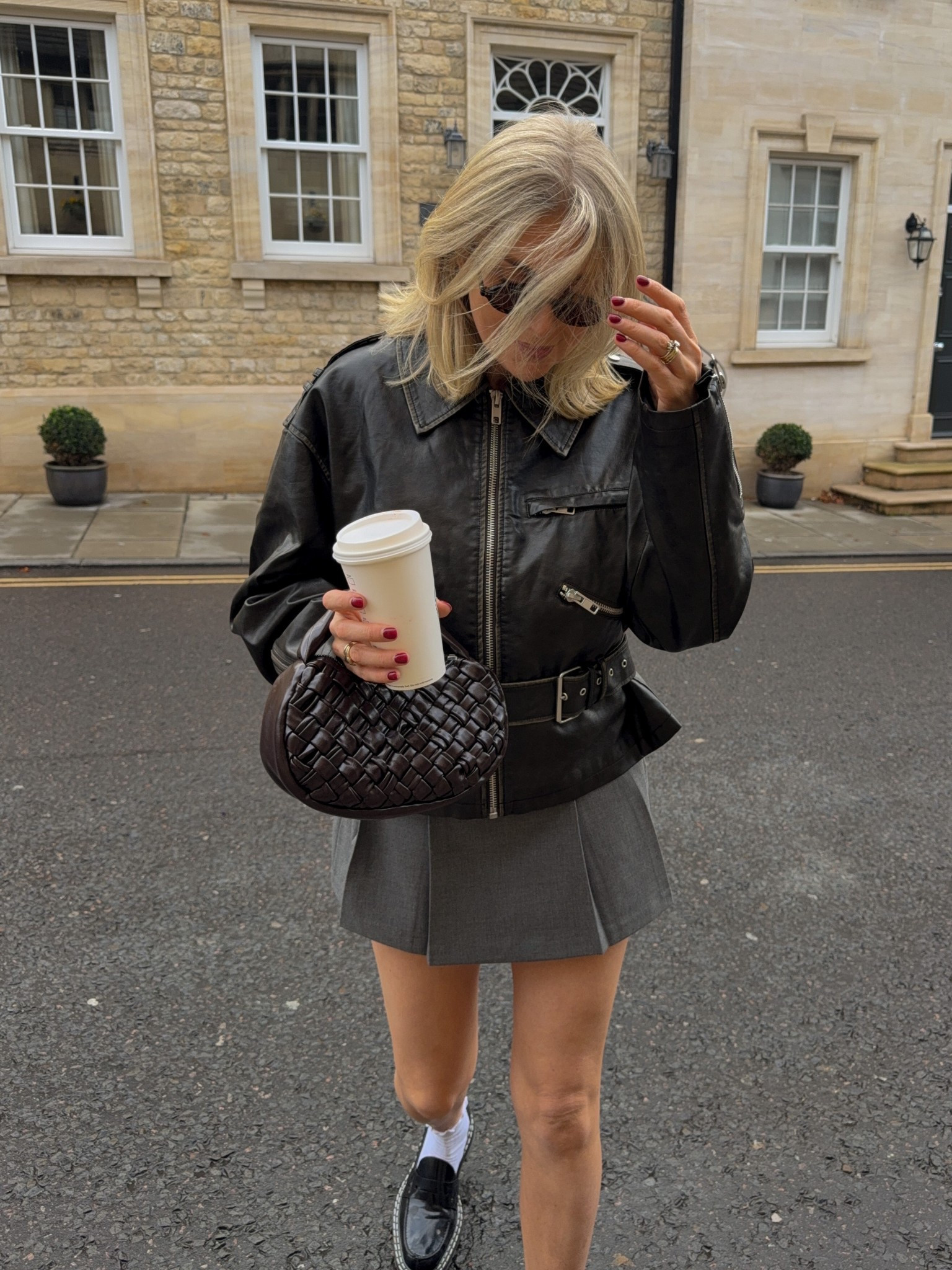 Obsessed with this jacket ✨🤌🏻 faux leather jacket, belted jacket, grey skort, autumn outfit, winter outfit 

#LTKautumn #LTKuk #LTKwinter