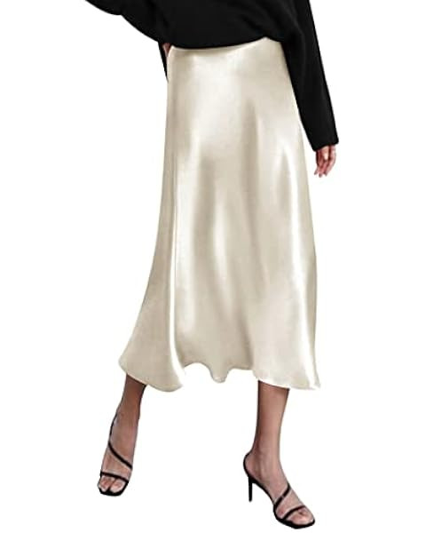 Women's Satin High Waist Hidden Elasticized Waistband Flared Casual A Line Midi Skirt | Amazon (US)