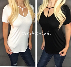 Details about   V-Neck Plunge T-Strap Detail Short Sleeve Relaxed Fit Rayon Tee T-Shirt Top | eBay US