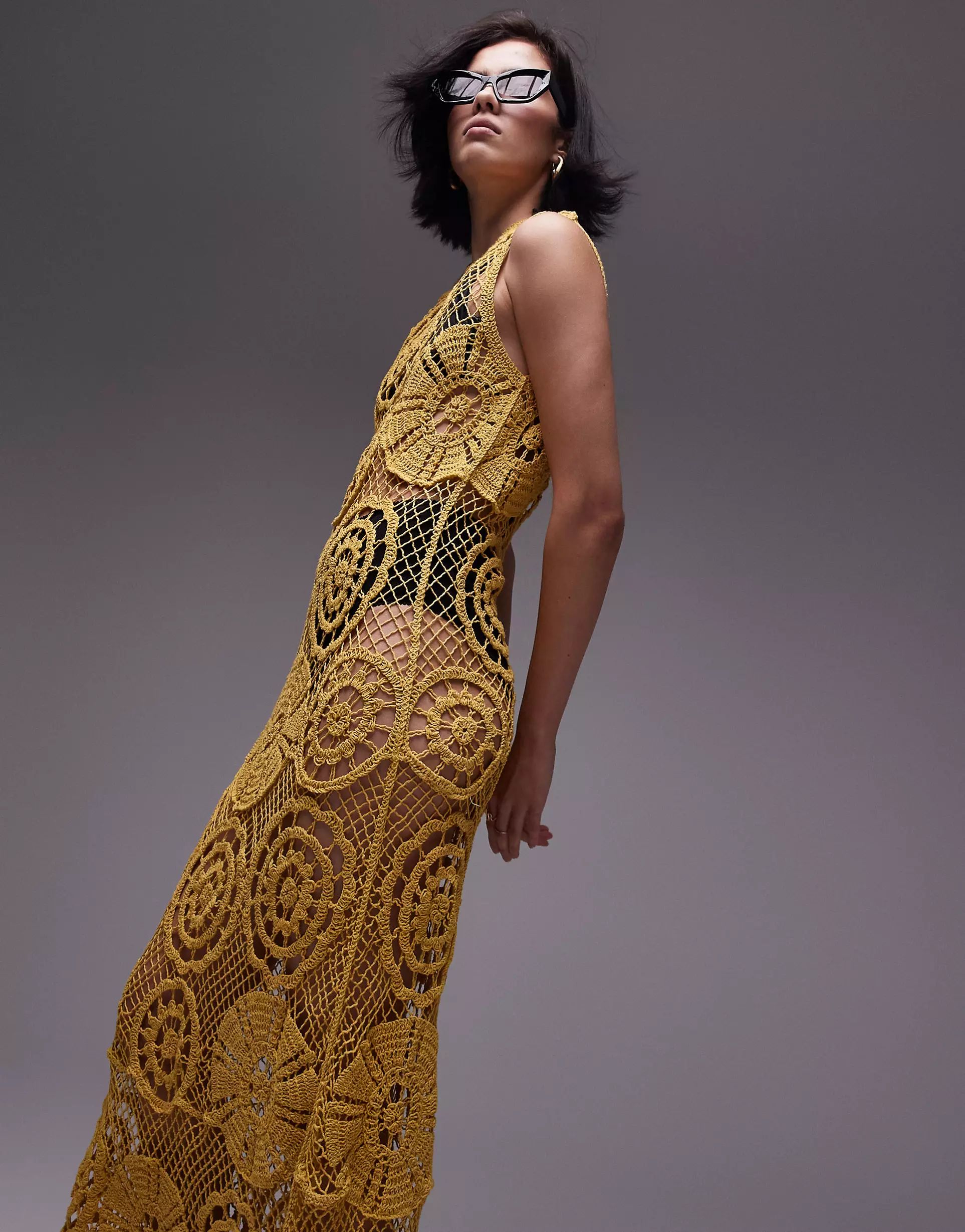 Topshop knitted crochet sleeveless maxi dress in mustard | ASOS (Global)