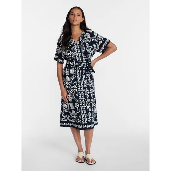 Time and Tru Women’s Border Print Linen Blend Midi Dress, Sizes XS-XXXL | Walmart (US)