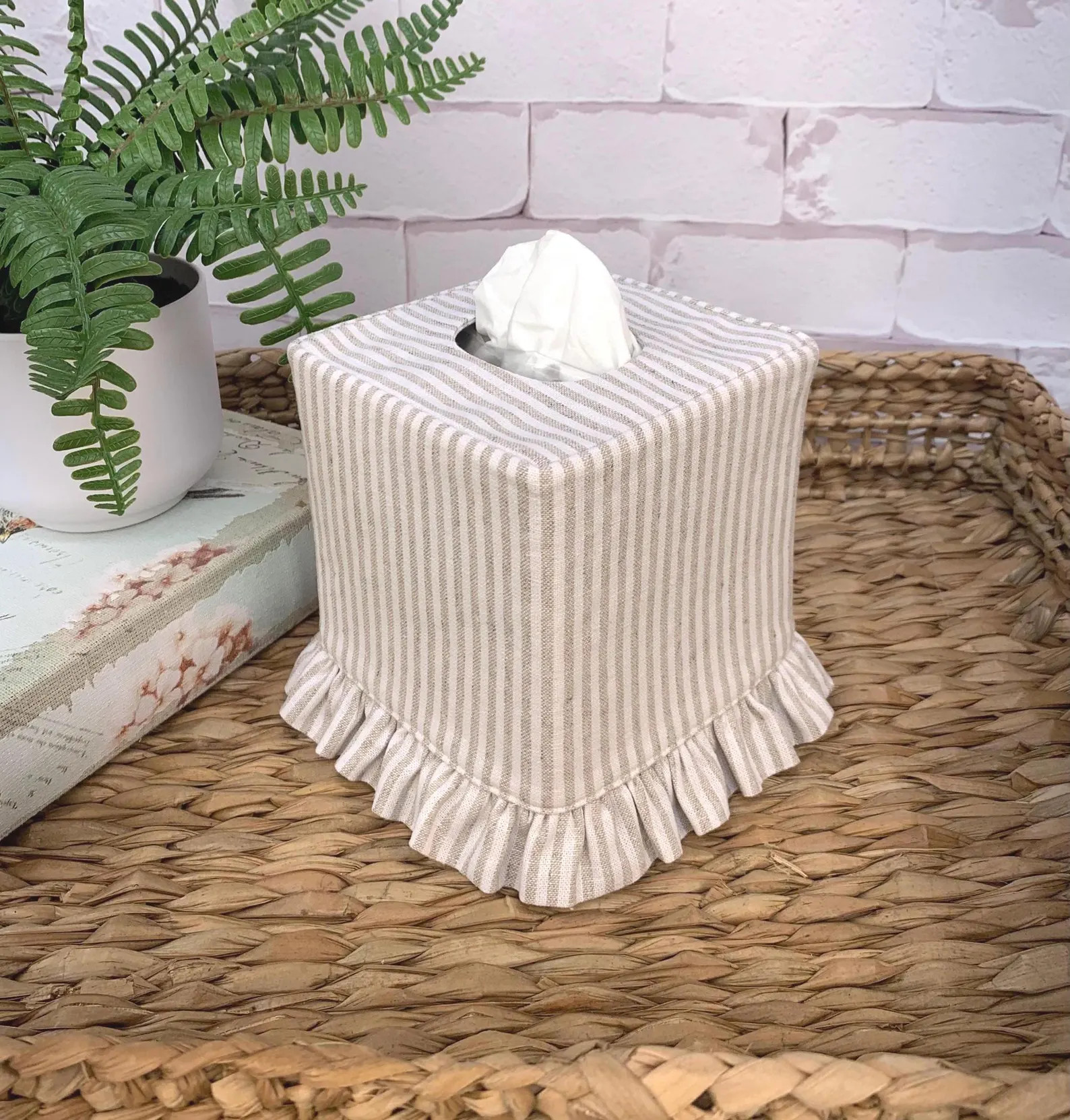 Natural Stripe Linen Cotton Blend Ruffle Tissue Box Cover - Etsy | Etsy (US)