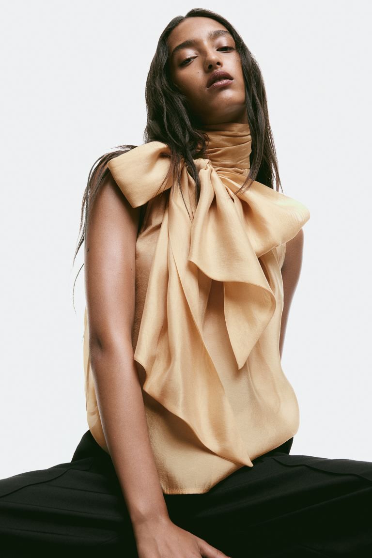 Sheer Tie-neck Blouse - Beige - Ladies | H&M US | H&M (US + CA)