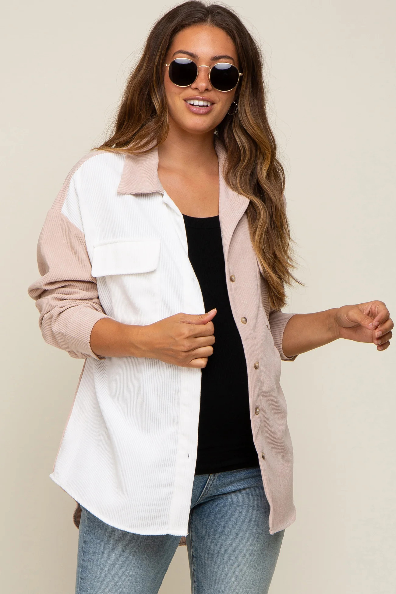 Beige Color Blocked Corduroy Button Down Maternity Top | PinkBlush Maternity