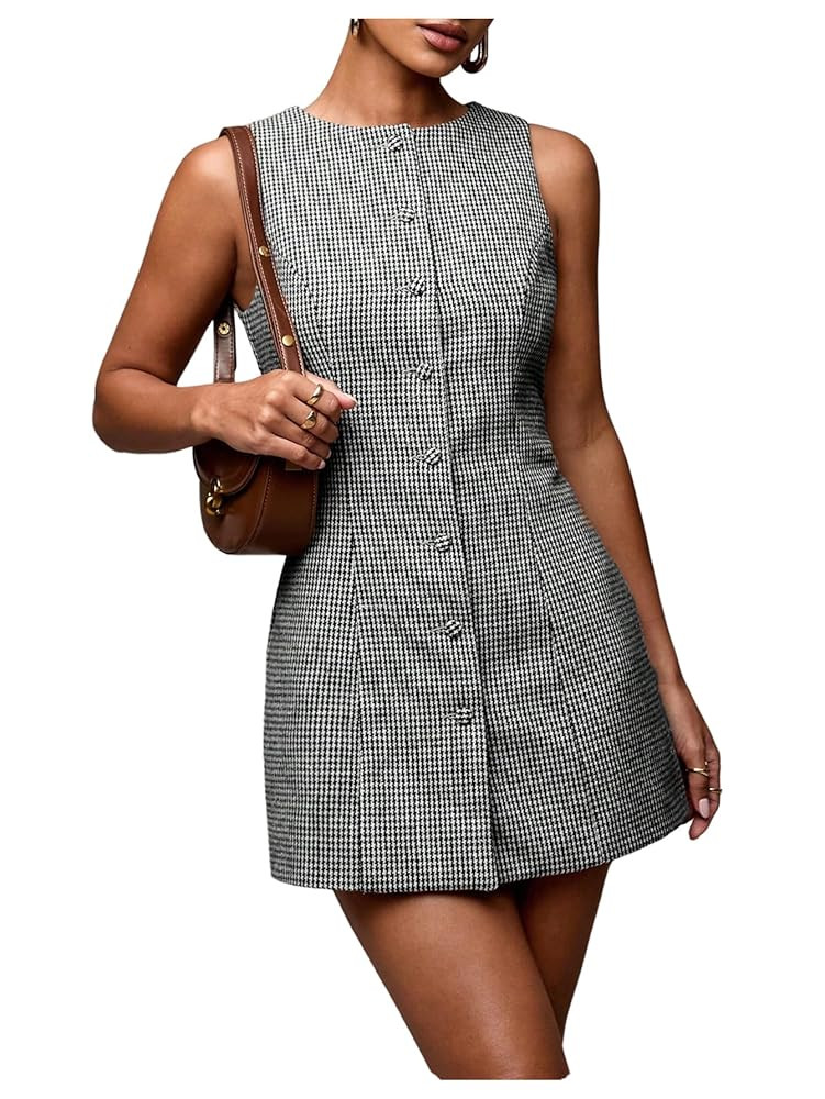 SOLY HUX Women's Plaid Button Down Dress Crew Neck Sleeveless Tie Back Work Office Mini Dresses | Amazon (US)