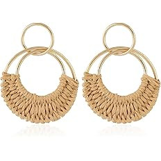 Amazon.com: Handmade Raffia Hoop Earrings Statement Tropical Bohemian Straw Dangle Earrings Natur... | Amazon (US)