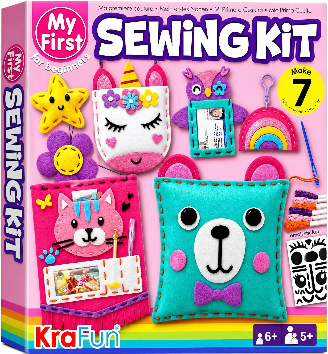 KRAFUN My First Sewing Kit for Beginner Kids Arts & Crafts, 6 Easy DIY Projects of Stuffed Animal Dolls and Plush Pillow Craft, Instructions & Felt, Gift for Girls, Boys, Learn to Sew, Embroidery | Amazon (US)