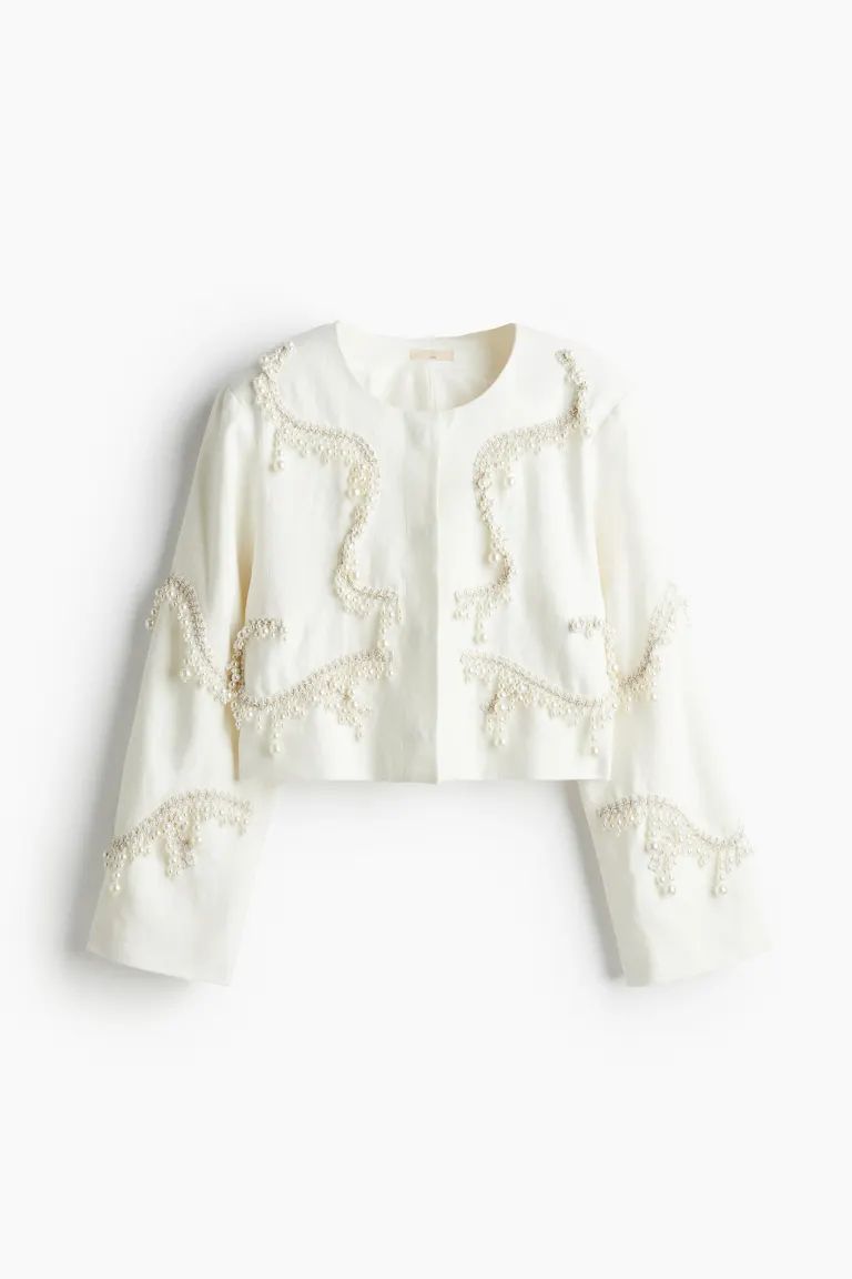 Bead-embellished linen jacket - White - Ladies | H&M US | H&M (US + CA)