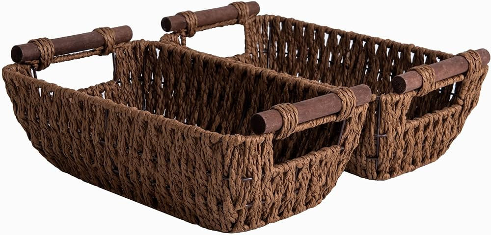 StorageWorks Handwoven Small Wicker Baskets, Round Paper Rope Storage Baskets with Wooden Handles... | Amazon (US)