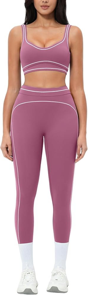 Women 2 Piece Workout U Back Color Block Sports Bra High Waist Tummy Control Active Leggings Yoga... | Amazon (US)