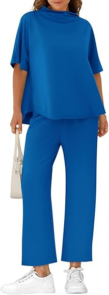 Yousify Women's Lounge Set 3/4 Batwing Sleeve Capelet Crew Neck Pullover Top Wide Leg Pants Two P... | Amazon (US)