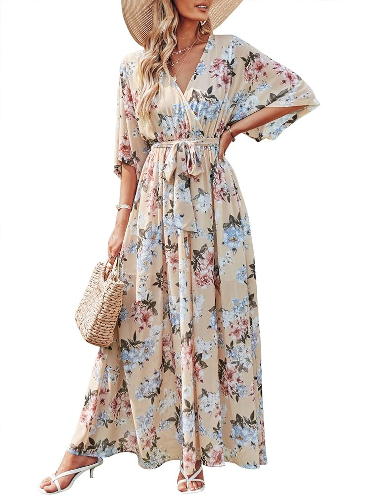 ANRABESS Women’s Summer Loose Boho Flowy Wrap V Neck 3/4 Sleeve Floral Print Slit Beach Wedding... | Amazon (US)