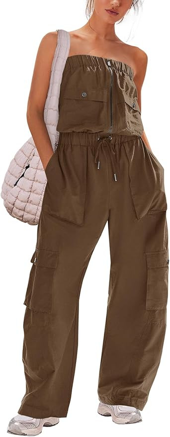 Panadila Women Wide Leg Jumpsuits Cargo Strapless Romper Casual One Piece Outfits Loose Fit Overa... | Amazon (US)