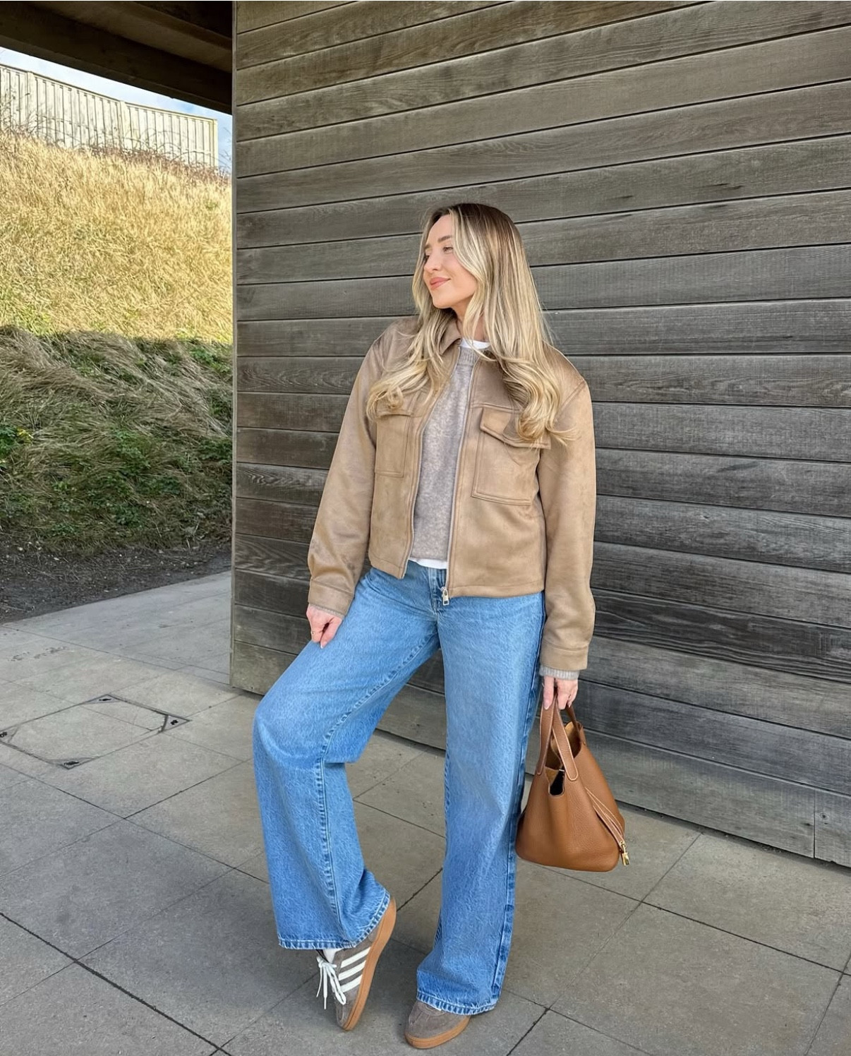 Sunny spring days in New Look 🤍 tan suede look utility style jacket, neutral mink jumper and blue jeans, with tan Hermes bag and Adidas trainers

#LTKspring #LTKstyletip