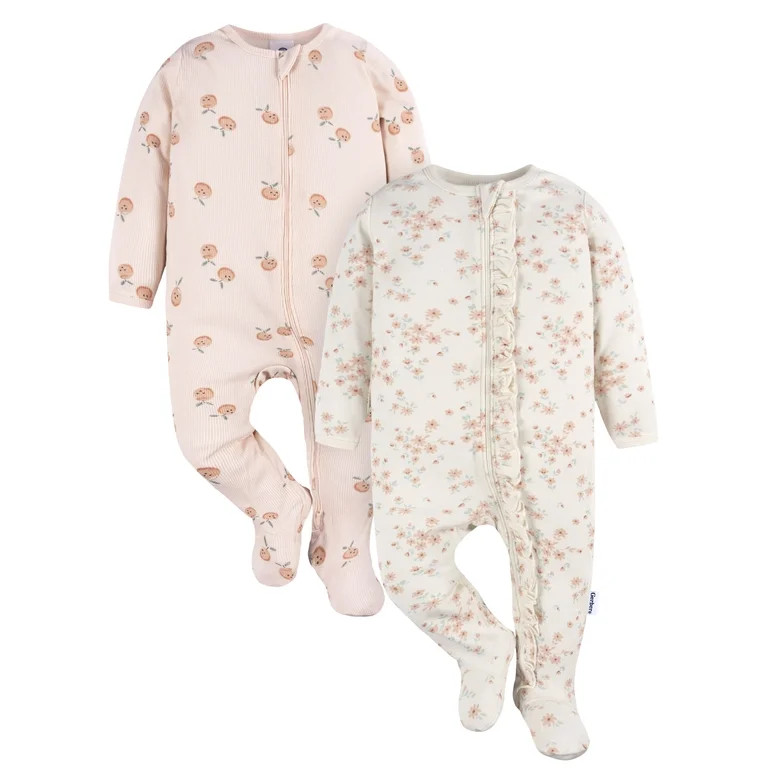 Gerber Baby Girl Sleep´N Play Footed Cotton Pajamas, 2-Pack, Sizes Newborn - 3/6 Months | Walmart (US)