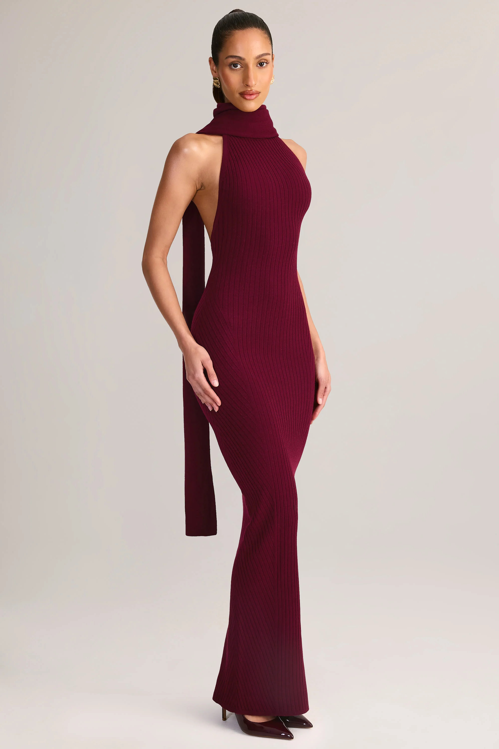 Knit Scarf-Detail Halterneck Maxi Dress in Wine | Oh Polly