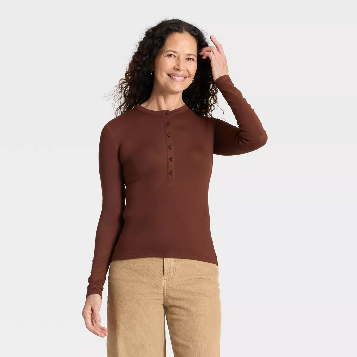 Women's Long Sleeve Henley Shirt - Universal Thread™ Brown L | Target
