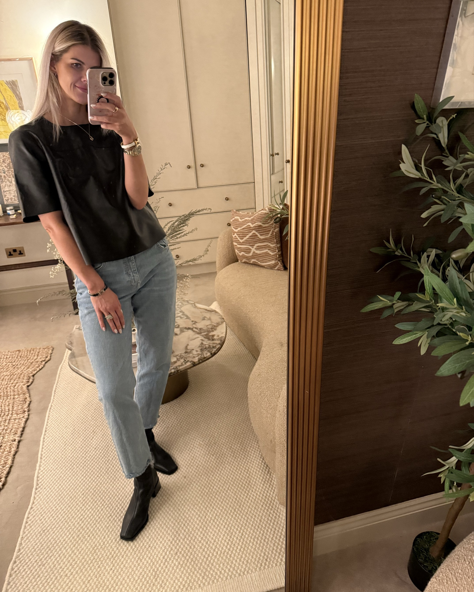 Casual dinner outfit black leather top and comfy jeans. 

#LTKluxury #LTKwinter #LTKireland