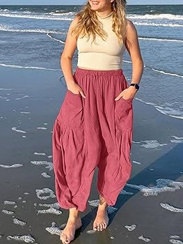 LILLUSORY Women's Linen Wide Leg Pants 2023 Summer Casual Loose Beach Palazzo Harem Pants | Amazon (US)