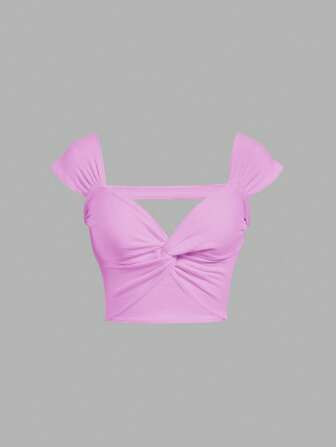 SHEIN WYWH Solid Color Twist Knotted & Hollow Out Square Neck Women's Top | SHEIN