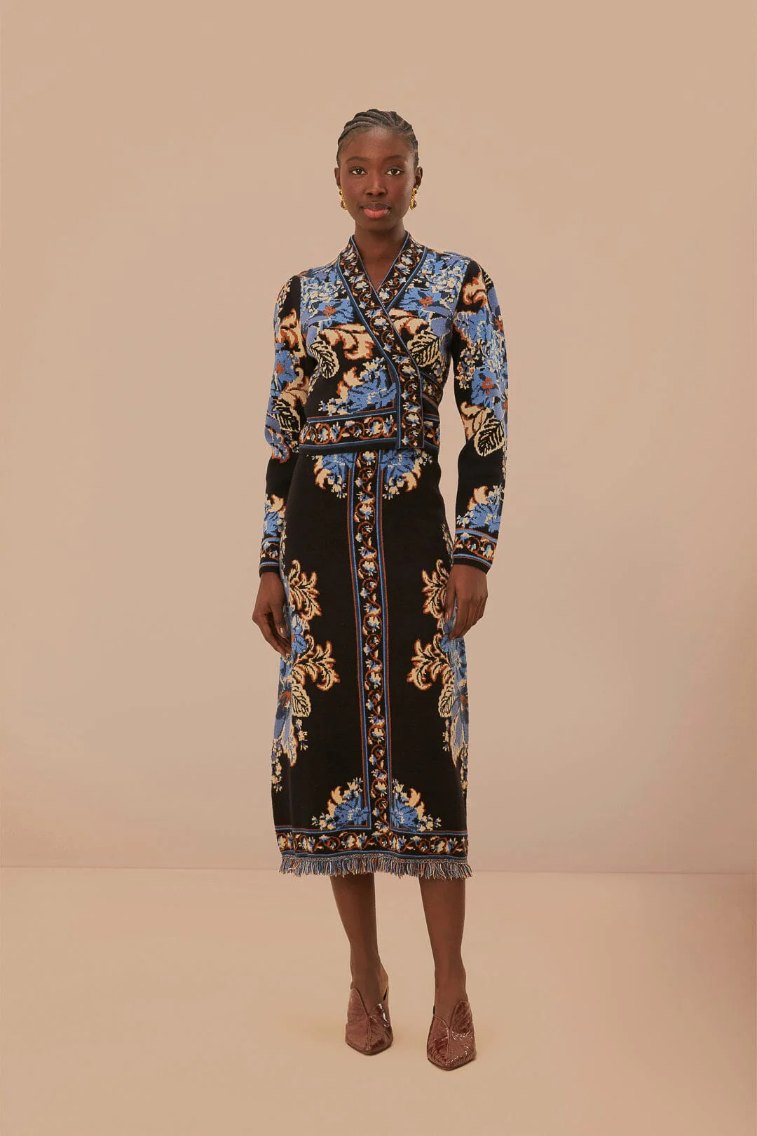 Black Blossom Tapestry Knit Wrap Blouse | FarmRio (US)