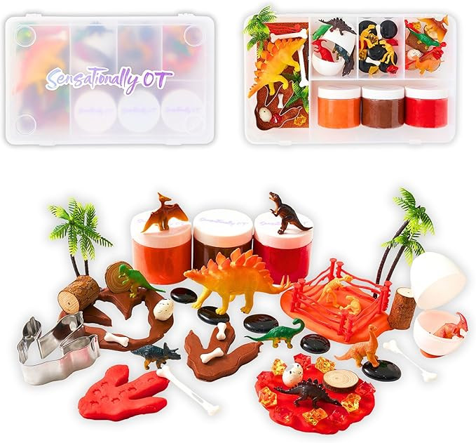 Dinosaur Sensory Dough Kit (3 Jars) Non-Toxic Dough with Dinosaur Cutters, Fossils, Mini Figures,... | Amazon (US)