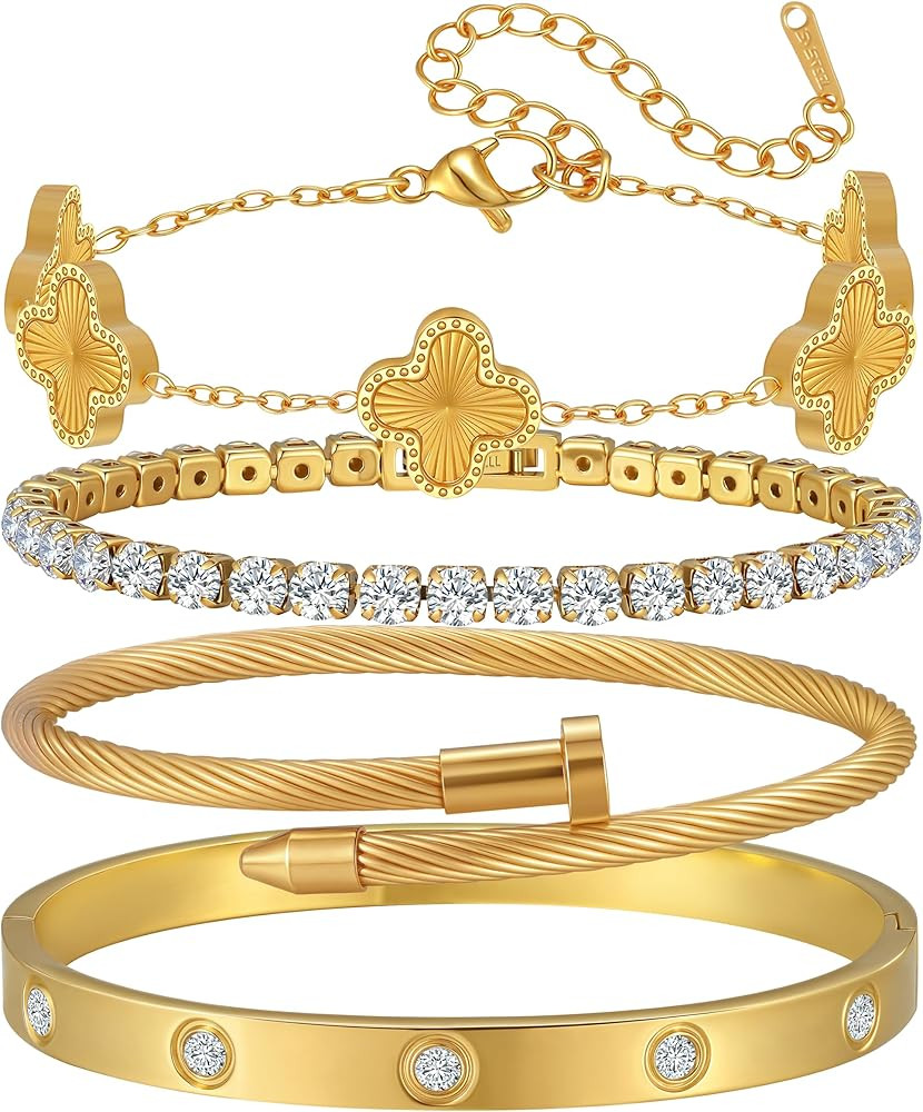 18K Gold Plated Bangle Bracelets Stack for Women,Four Leaf Clover Stackable Bracelets Non Tarnish... | Amazon (US)