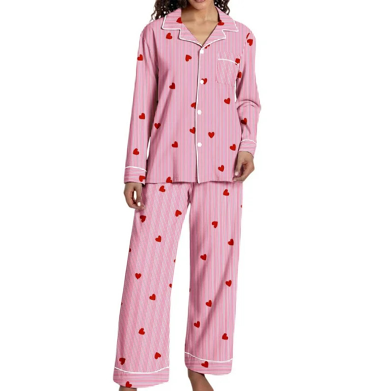 Bibifish Womens Pajama Sets Pink Stripe & Red Heart Printed Long Sleeve Sleepwear Sets Button Dow... | Walmart (US)