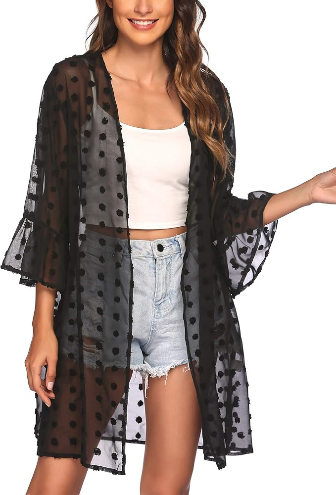ELESOL Women's Swimsuit Coverup Beach Chiffon Kimono Cardigan Sheer Open Front 3/4 Sleeve Bathing Su | Amazon (US)