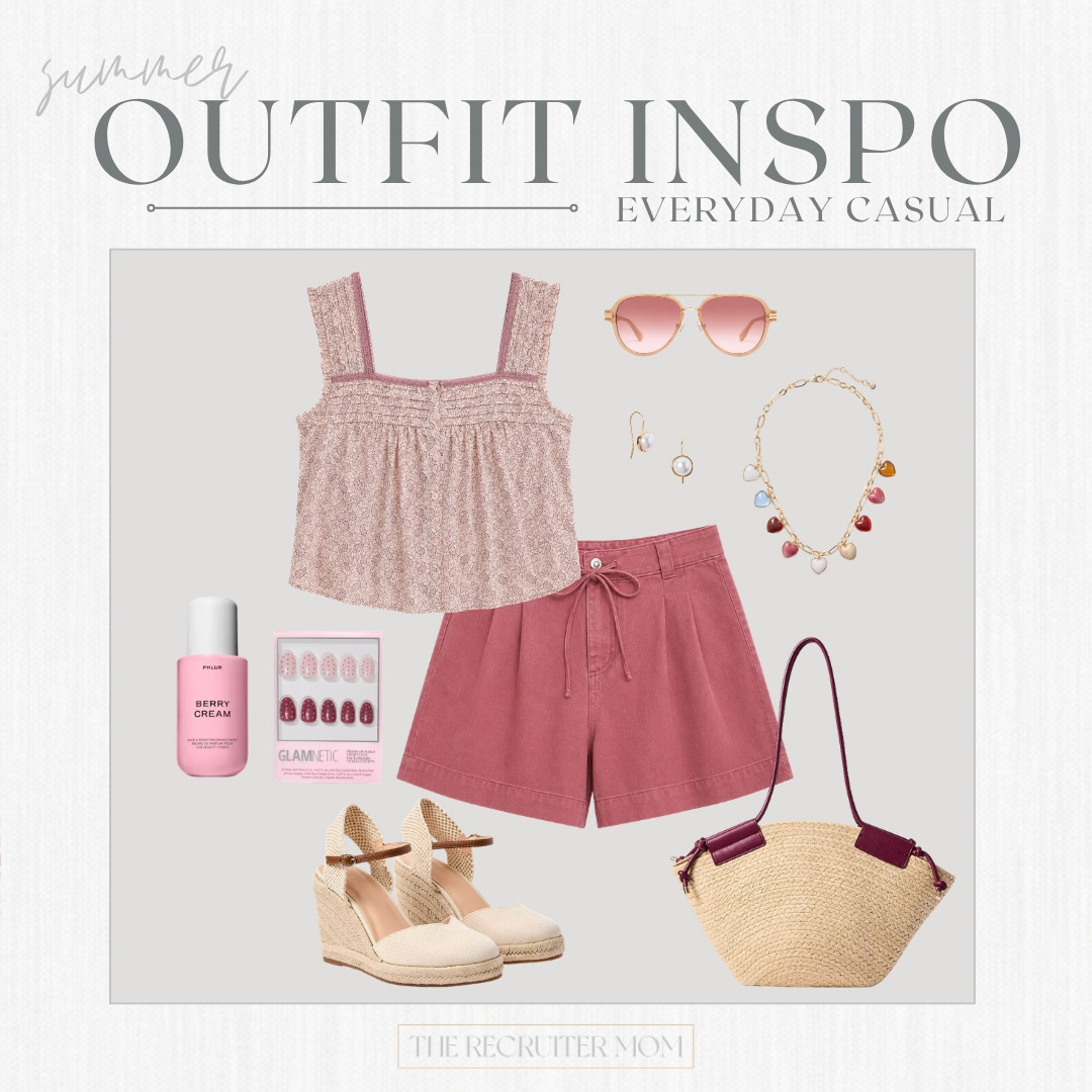 Pretty pink summer outfit with flowy shorts, wedges, and fun accessories 🎀 #LTKcasual #LTKsummer

#LTKSeasonal #LTKOver40 #LTKMidsize