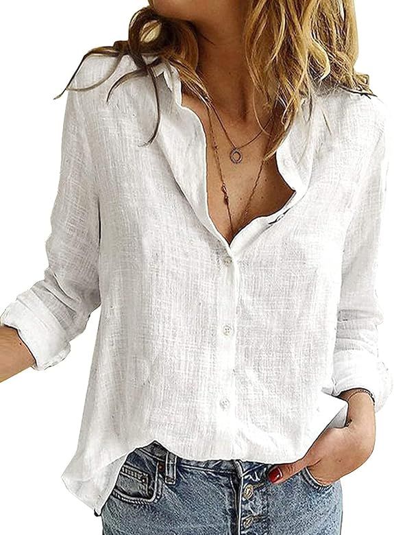 ZATODAY Women's Button Down Blouse Shirts Long Sleeve V Neck Casual Work Tunic Tops | Amazon (US)