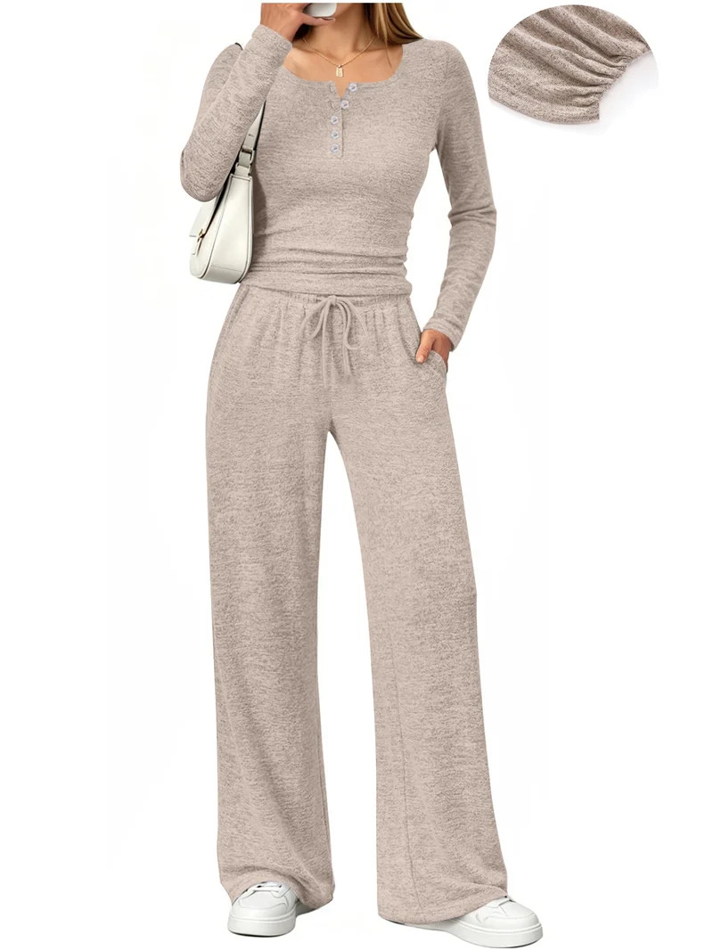 UVN Two Piece Sets for Women Fall Long Sleeve Ruched Tops and Wide Leg Pants Outfits Ladies Fashi... | Walmart (US)